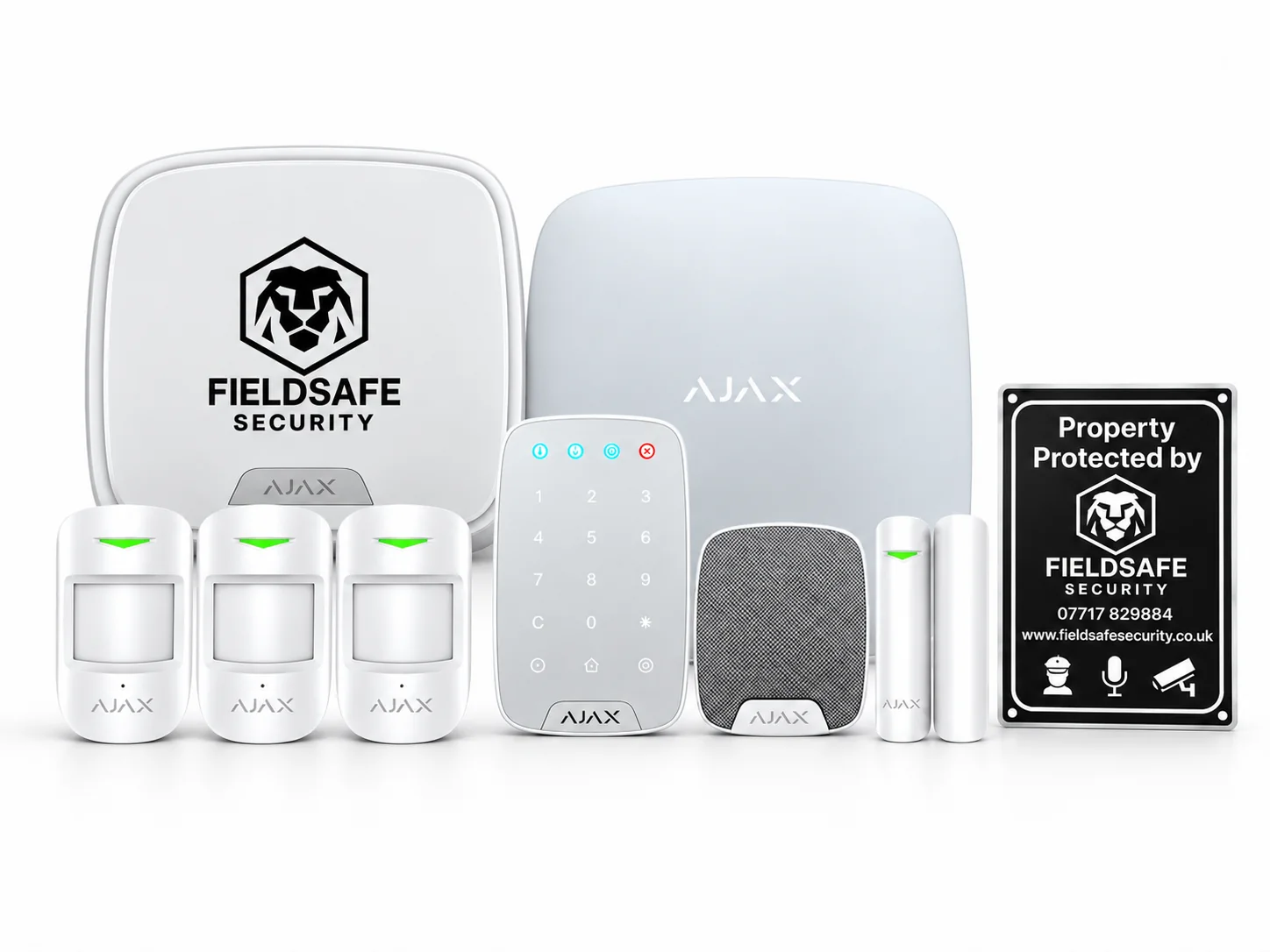 FieldSafe Ajax smart alarm package with 3 motion detectors, hub, keypad, sirens and branded sign