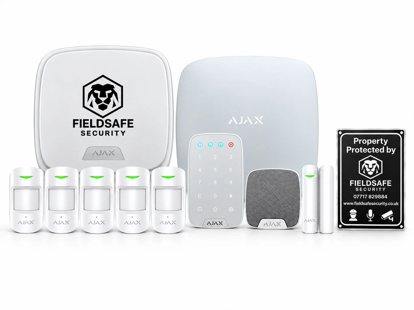 FieldSafe Ajax smart alarm package with 5 motion detectors, hub, keypad, sirens and branded sign