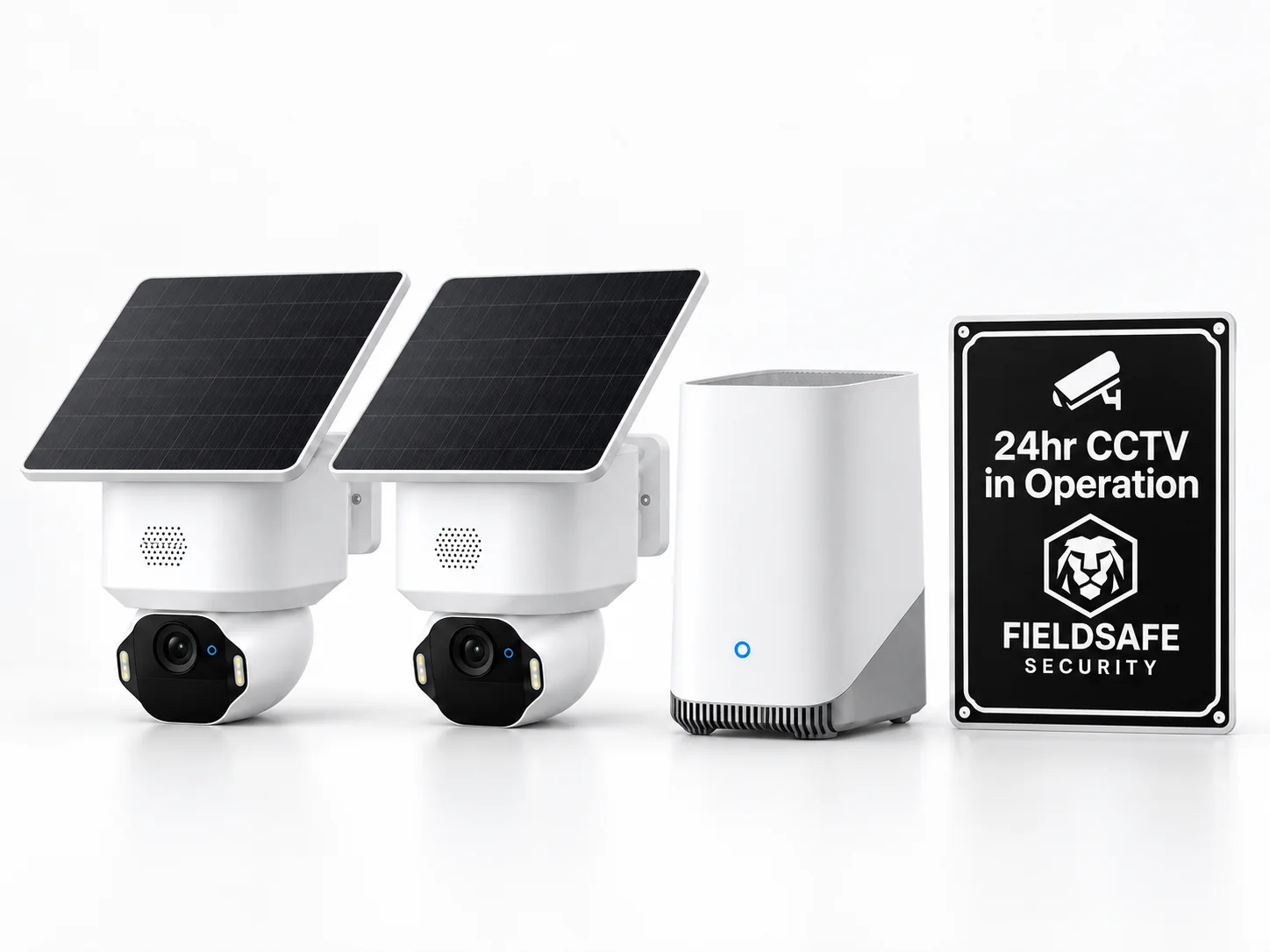 FieldSafe 2 Camera CCTV with 2 solar-powered cameras, equipment hub and black CCTV notice